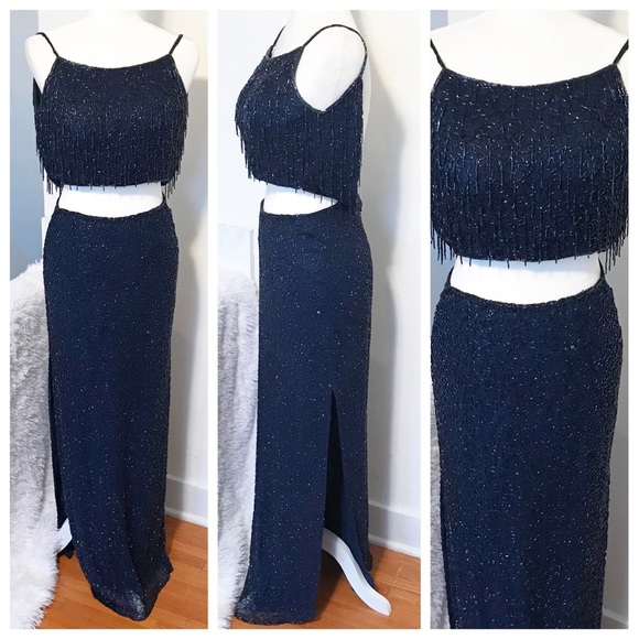 Vintage Dresses & Skirts - Silk Beaded Vintage Sean XPress Navy Gown